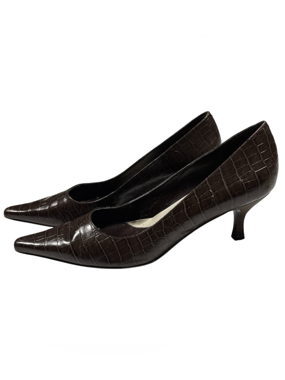 Vintage Bandolino Croc-Embossed Pointed Toe Kitten Heels - Dark Brown